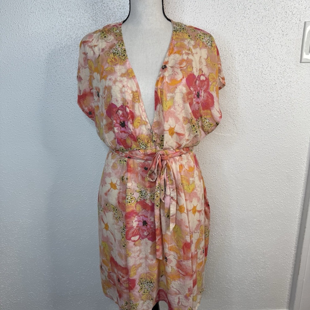 Free People Women's Floral V-Neck Short Sleeve Tie Waist Zip Short Dress Size S
